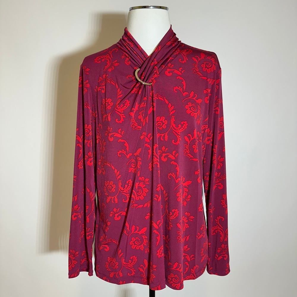 NWT Liz Claiborne Magenta Scroll Paisley Draped Ring Neck Top Womens Petite PXXL